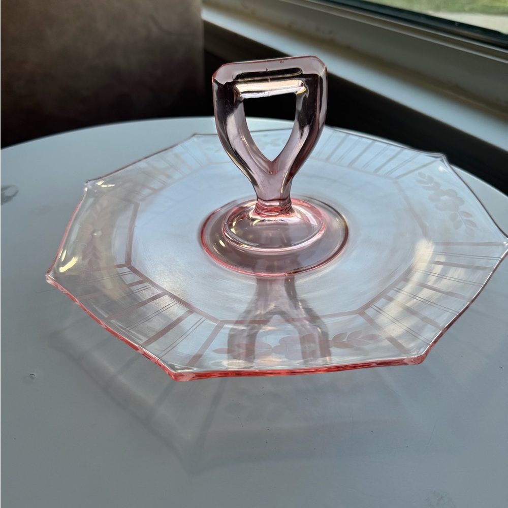 Pink Glass Octagonal Handled Server